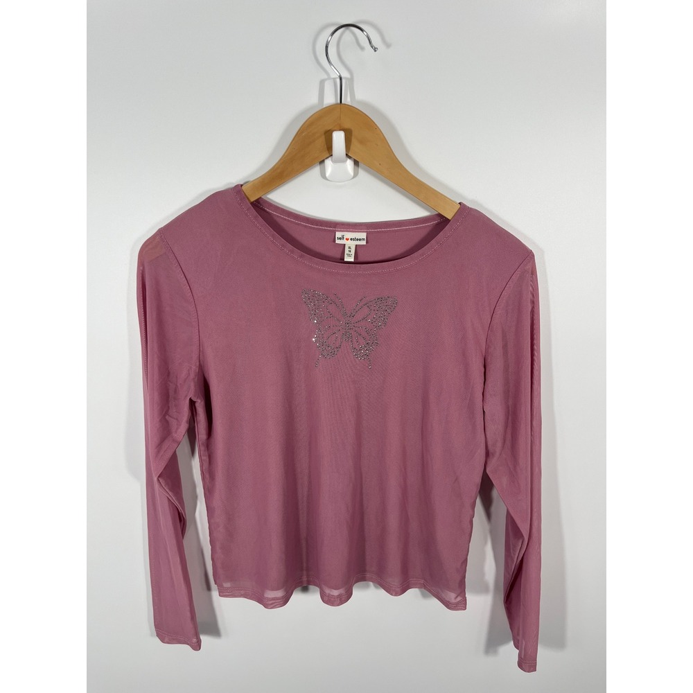 Self Esteem Y2K Womens Butterfly Top XL Pink Rhinestone Mesh Sheer Feminine